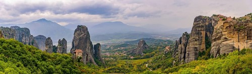 Panorama of the landscape of monastery and rock formation in Meteora, Greece, Europe