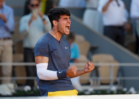 Spanish tennis player Carlos Alcaraz celebrating at the French Open, Roland Garros, Paris, France.