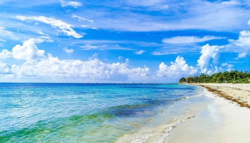 Tropical mexican beach panorama view with turquoise blue water from Playa 88 and Punta Esmeralda in