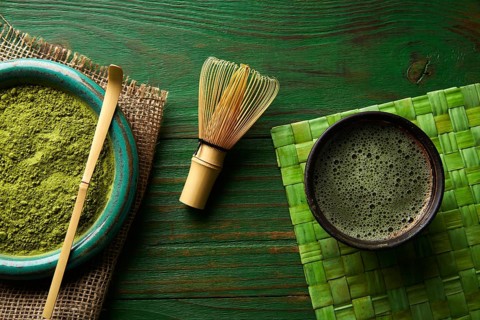 Matcha tea powder bamboo whisk chasen and spoon for japanese ceremony