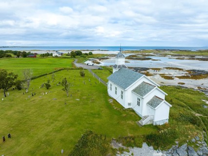 Gimsoy church in the Lofoten Islands. It is a parish church in the municipality of Vagan in