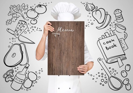 Restaurant Chef on a sketchy background hidden behind a wooden chopping board for a business lunch