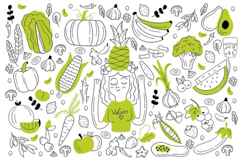 Vegan food doodle set. Collection of hand drawn sketches templates of people vegans dieting eating