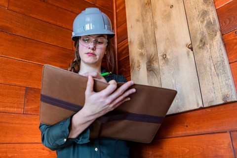 Construction female inspector using a clipboard to taking notes. a young caucasian woman worker