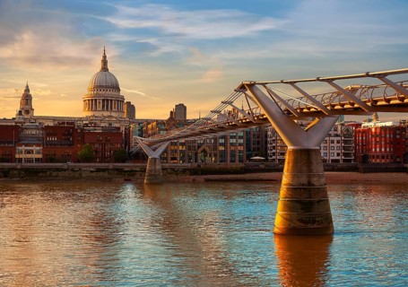 London St Paul Pauls cathedral sunset from Millennium bridge on Thames UK