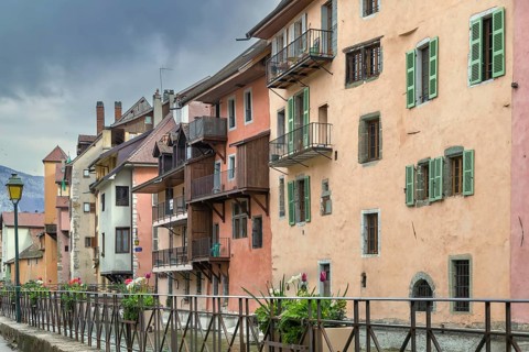 Historic houses along the Thiou river in Annecy old town, France, Europe
