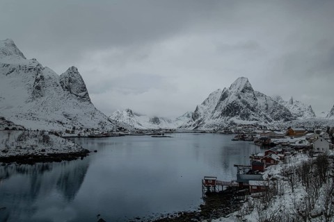 Red rorbu, winter, snowfall, Reine fjord, Lofoten, Nordland norway