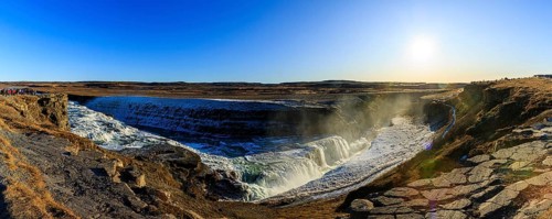Gullfoss waterfall with ice, panorama, river Hvítá, Haukadalur, Golden Circle, South Iceland