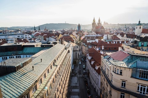 High angle view of historic centre of Prague from Powder tower