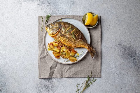Food, Grilled sea bream or dorada on gray plate. Gray background