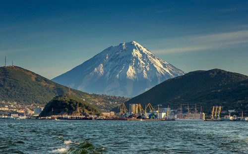 View of the city Petropavlovsk-Kamchatsky, Avacha Bay and Koryaksky volcano, Russian Far East,