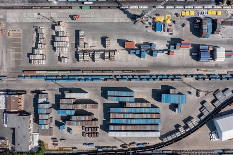 Aerial top view of cargo container terminal with railway, business transportation logistic in trade