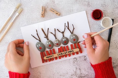 Step by step. Top view. Process kid children craft. Do it yourself Diy Merry Christmas deer on