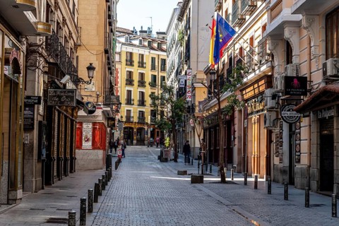 Madrid, Spain, April, 18 2021: Victoria Street Near Puerta del Sol Square. Empty view during