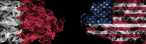 Flags of Bahrain and USA on Black background, Bahrain vs USA Smoke Flags