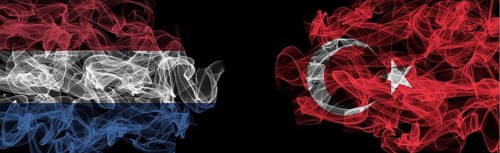 Flags of Netherlands and Turkey on Black background, Netherlands vs Turkey Smoke Flags