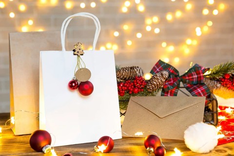 Christmas decor of food delivery service disposable kraft paper package. Ready-made order,