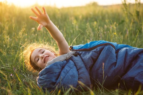 A child sleeps in a sleeping bag on the grass in a camping trip, eco-friendly outdoor recreation,