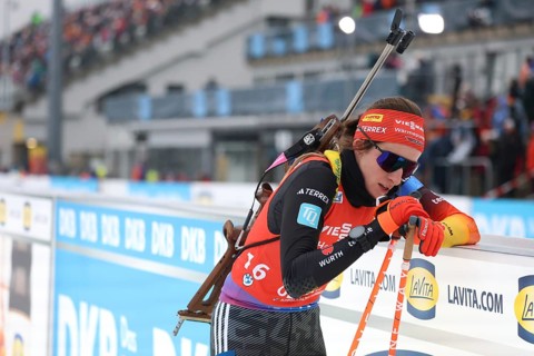 Vanessa Voigt (SV Rotterode/GER) at the shooting range at the IBU Biathlon World Cup Sprint Women