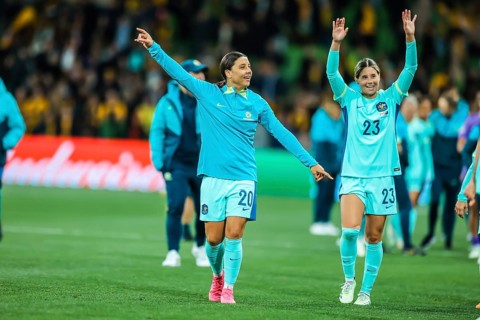 MELBOURNE, AUSTRALIA, JULY 31: Sam KERR of Australia celebrates beating Canada at the FIFA Women's