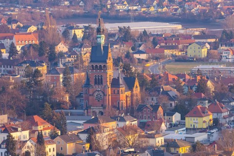 View of the Luther Church from the Bismarck Tower, Radebeul, Saxony, Germany, Europe