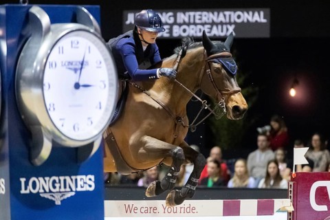 Jessica Burke of Ireland competes in the equestrian Audi Grand Prix at Jumping International