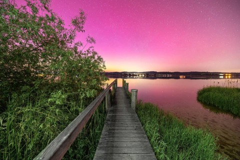 Wooden footbridge with neighbouring reed trees under a sky with aurora borealis, Reichenau, Lake