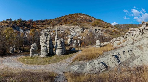 Panorama view of the Stone Dolls rock formations near Kratovo in North Macedonia