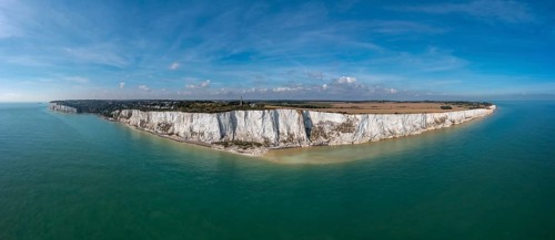 Aerial panorama landscape view of the White Cliffs of Dover and the South Foreland on the English