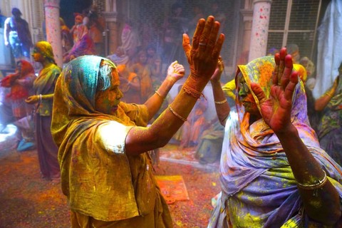 Widows celebrating Holi festival Gopinath temple, Uttar Pradesh, India, Asia