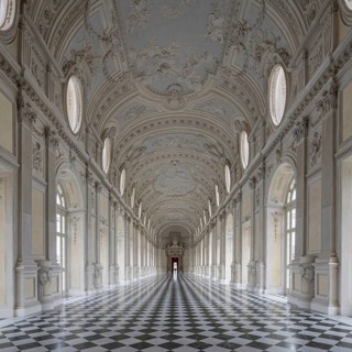 Magnificent Baroque interior with long corridors and high ceilings, Palace of Venaria Reale,