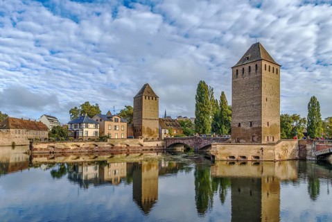 View of medieval bridge Ponts Couverts from the Barrage Vauban in Strasbourg, France, Europe