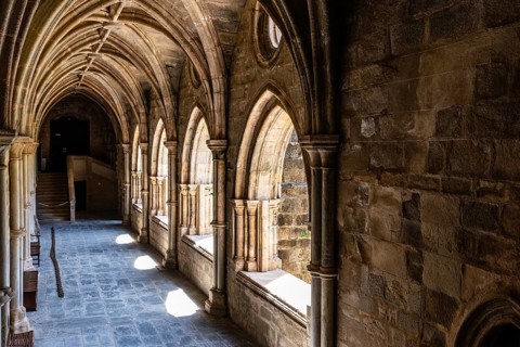 Evora, Portugal, June 30, 2022: The cloister of the Cathedral of Evora a sunny blue sky day of
