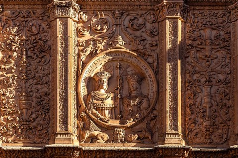 Beautiful view of detail of decoration of famous facade of University of Salamanca, the oldest