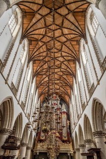 Haarlem, Netherlands, August 3, 2016: Low angle view of the interior of the Cathedral of Haarlem.
