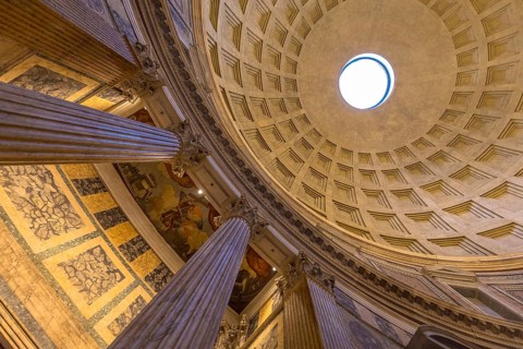 ROME, ITALY, CIRCA AUGUST 2020: Pantheon temple interior. Detail of the dome