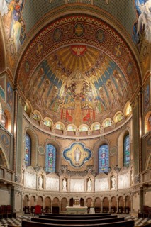 Szeged, Hungary, 14 October, 2022: view of the Our Lady of Hungary fresco and the main altar in the