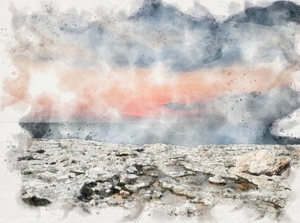 A beautiful watercolor after sunset scene with glowing twilight sky illuminated with pink over a
