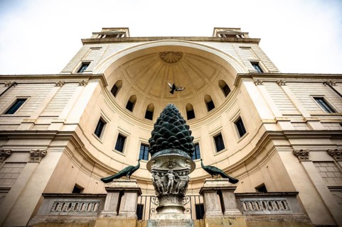 Monumental pine cone fountain with sculptures in an inner courtyard of the Vatican, Rome