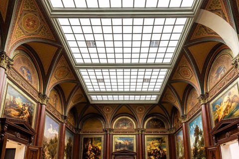 Hamburg, Germany, August 4, 2019: Skylight in main hall of Hamburger Kunsthalle Museum, Europe