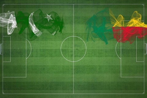 Pakistan vs Benin Soccer Match, national colors, national flags, soccer field, football game,