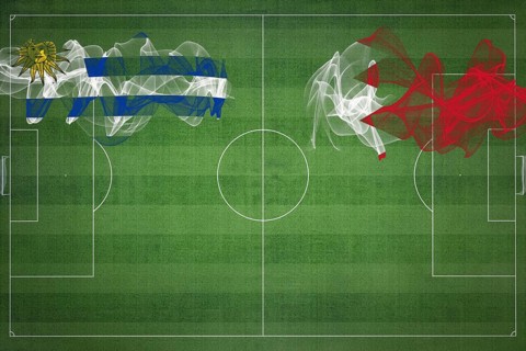 Uruguay vs Bahrain Soccer Match, national colors, national flags, soccer field, football game,