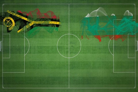 Vanuatu vs Bulgaria Soccer Match, national colors, national flags, soccer field, football game,