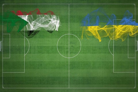 Sudan vs Ukraine Soccer Match, national colors, national flags, soccer field, football game,