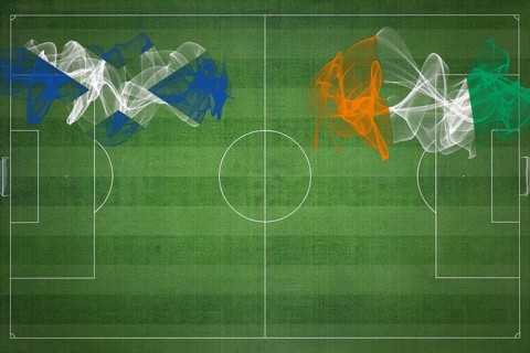 Scotland vs Ivory Coast Soccer Match, national colors, national flags, soccer field, football game,