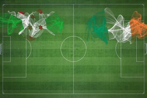 Burundi vs Ireland Soccer Match, national colors, national flags, soccer field, football game,