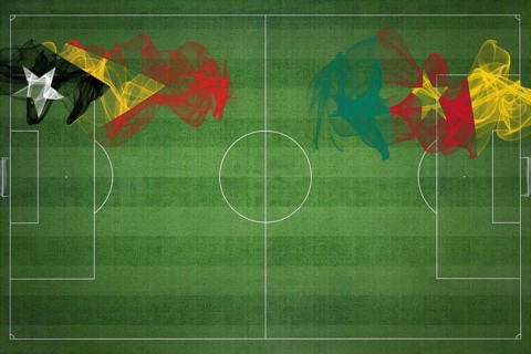 East Timor vs Cameroon Soccer Match, national colors, national flags, soccer field, football game,