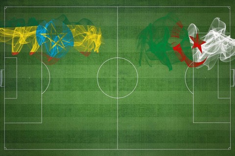 Ethiopia vs Algeria Soccer Match, national colors, national flags, soccer field, football game,