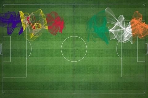 Andorra vs Ireland Soccer Match, national colors, national flags, soccer field, football game,