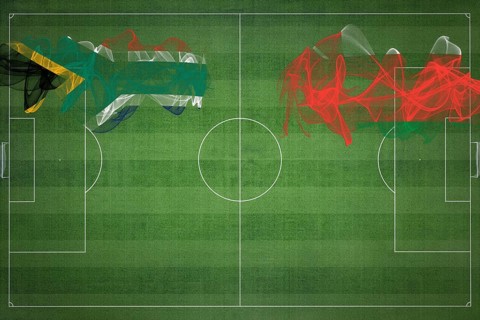 South Africa vs Oman Soccer Match, national colors, national flags, soccer field, football game,